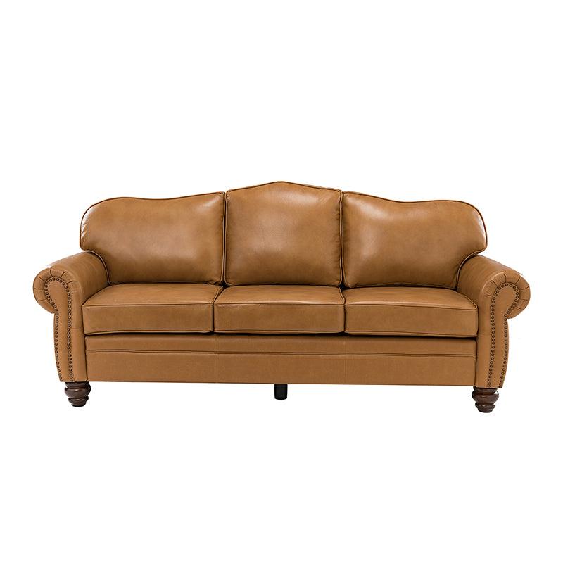 Canapé à accoudoirs arrondis en cuir véritable avec clous décoratifs, coussins amovibles, ressorts en S et pieds tournés en bois d'hévéa couleur noyer | Camel / Beige / Sauge / Noir / Bleu marine / Marron / Gris / Turquoise | 3 places