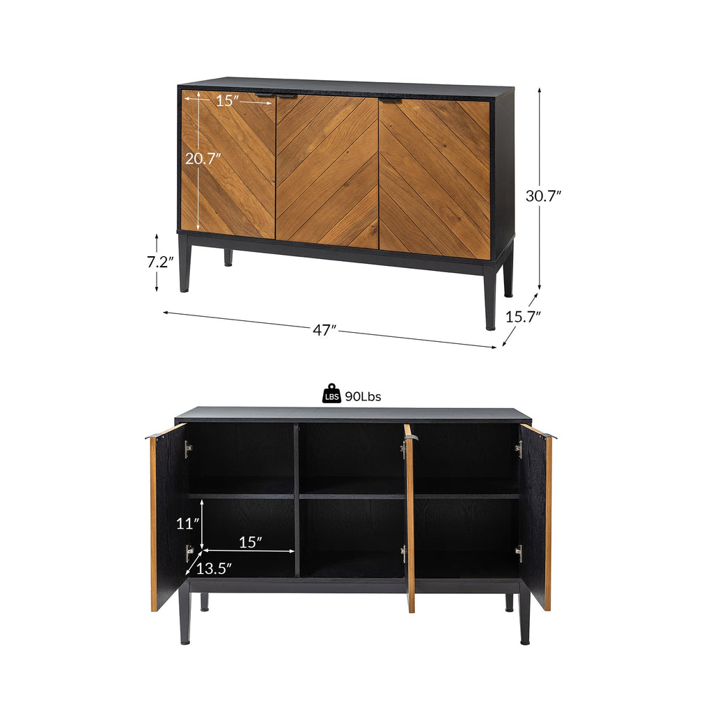 Buffet 3 portes motif chevrons, 2 étagères intérieures réglables et pieds en métal noir | Noir / Noyer | Individuel