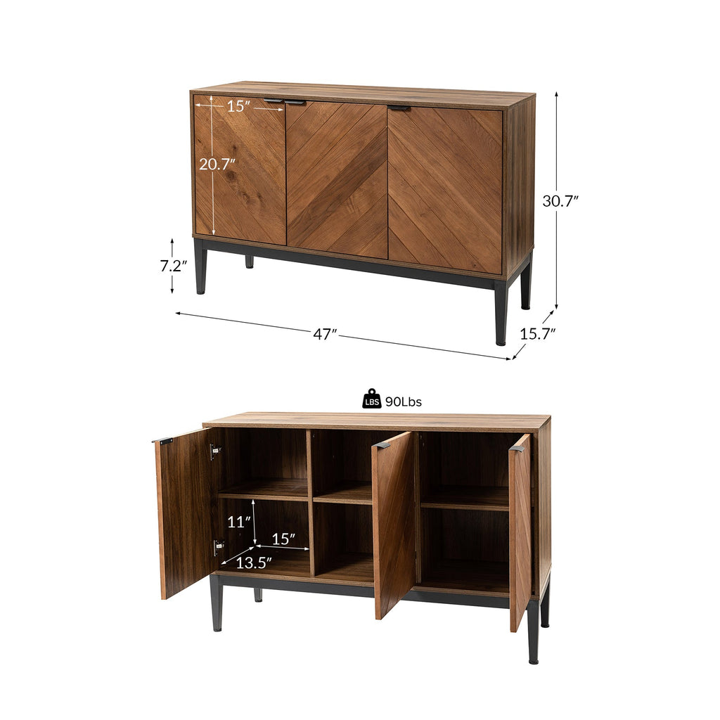 Buffet 3 portes motif chevrons, 2 étagères intérieures réglables et pieds en métal noir | Noir / Noyer | Individuel