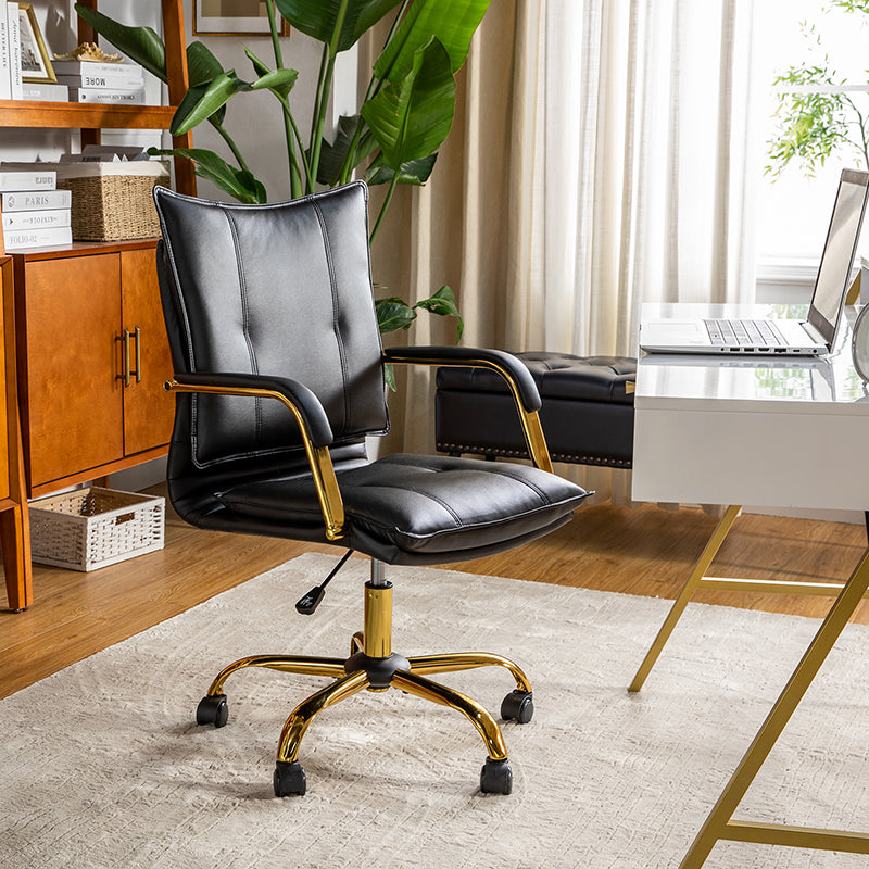 Chaise de bureau pivotante capitonnée en similicuir avec hauteur réglable, accoudoirs et base étoile à 5 branches dorée | Camel / Bleu marine / Marron / Noir / Gris / Sauge / Blanc | Une place