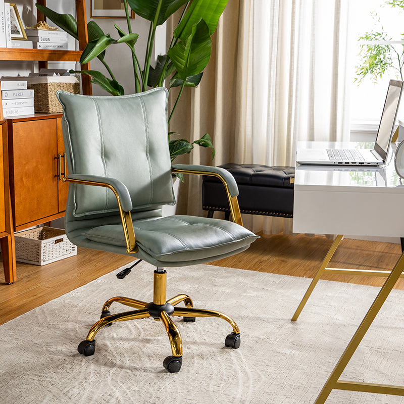Chaise de bureau pivotante capitonnée en similicuir avec hauteur réglable, accoudoirs et base étoile à 5 branches dorée | Camel / Bleu marine / Marron / Noir / Gris / Sauge / Blanc | Une place