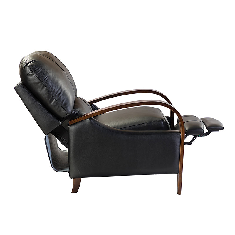 Fauteuil inclinable manuel en cuir véritable avec accoudoirs incurvés, ressorts sinueux et pieds en hévéa noyer | Beige / Chocolat / Camel / Noir / Bordeaux / Marron / Bleu marine / Tourterelle / Gris | Siège unique
