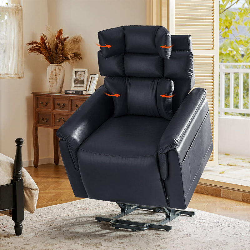 Fauteuil inclinable releveur en similicuir avec position allongée, dossier et repose-pieds réglables indépendamment, support tête et lombaire | Camel / Bleu marine | Une place