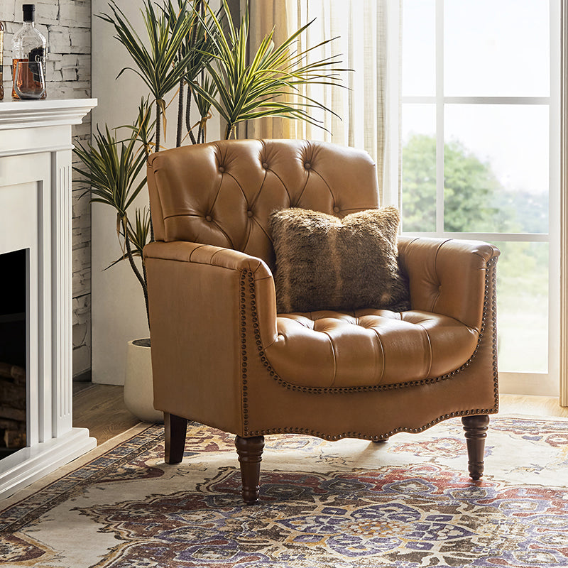 Fauteuil capitonné en cuir véritable avec clous décoratifs, assise en ressorts et mousse et pieds tournés en bois massif marron | Camel / Bordeaux / Noir / Beige / Marron / Marine | Monoplace