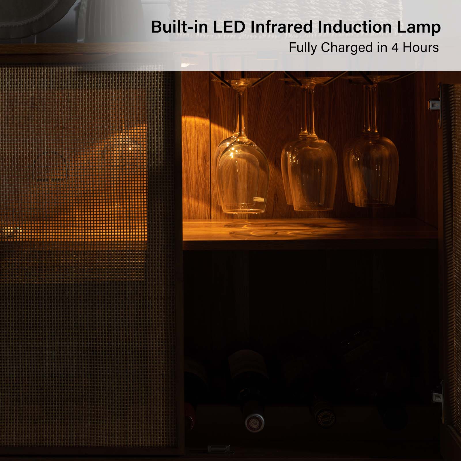 Bahut 4 portes en rotin avec lumière LED, étagère réglable et passe-câbles de 160 cm | Noir / Noyer | Unique