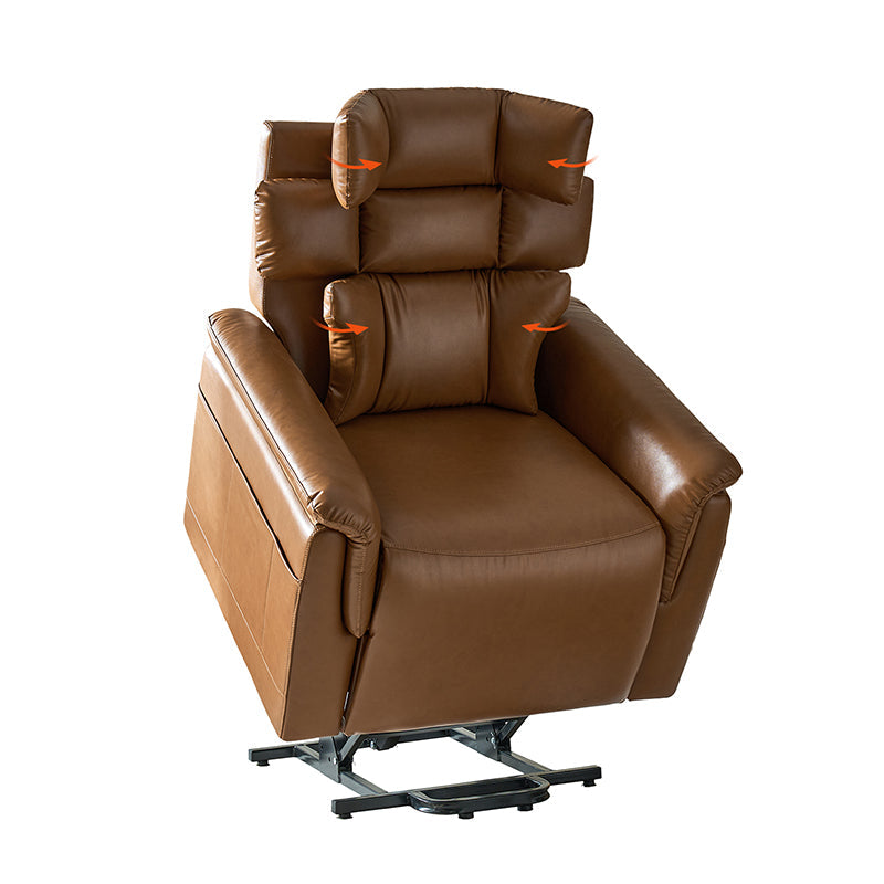 Fauteuil inclinable releveur en similicuir avec position allongée, dossier et repose-pieds réglables indépendamment, support tête et lombaire | Camel / Bleu marine | Une place