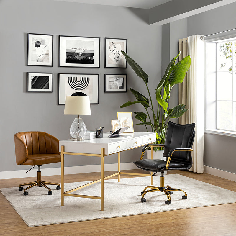Chaise de bureau pivotante capitonnée en similicuir avec hauteur réglable, accoudoirs et base étoile à 5 branches dorée | Camel / Bleu marine / Marron / Noir / Gris / Sauge / Blanc | Une place