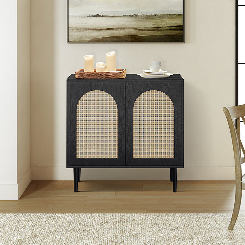 Meuble d'appoint 2 portes en rotin de 81 cm avec 4 étagères amovibles et pieds en bois massif | Noir / Chêne | Simple