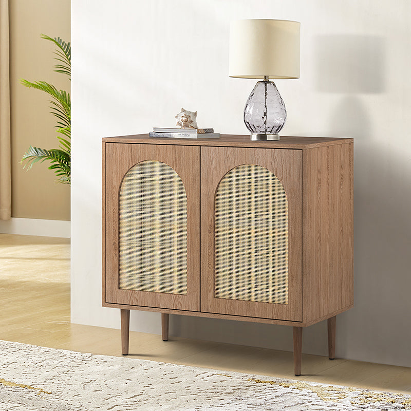Meuble d'appoint 2 portes en rotin de 81 cm avec 4 étagères amovibles et pieds en bois massif | Noir / Chêne | Simple