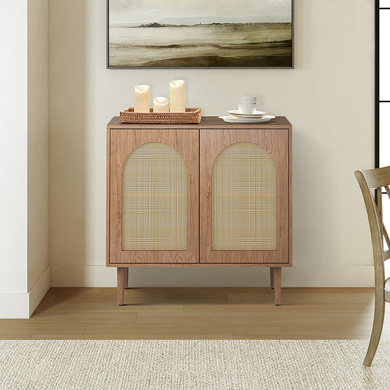 Meuble d'appoint 2 portes en rotin de 81 cm avec 4 étagères amovibles et pieds en bois massif | Noir / Chêne | Simple