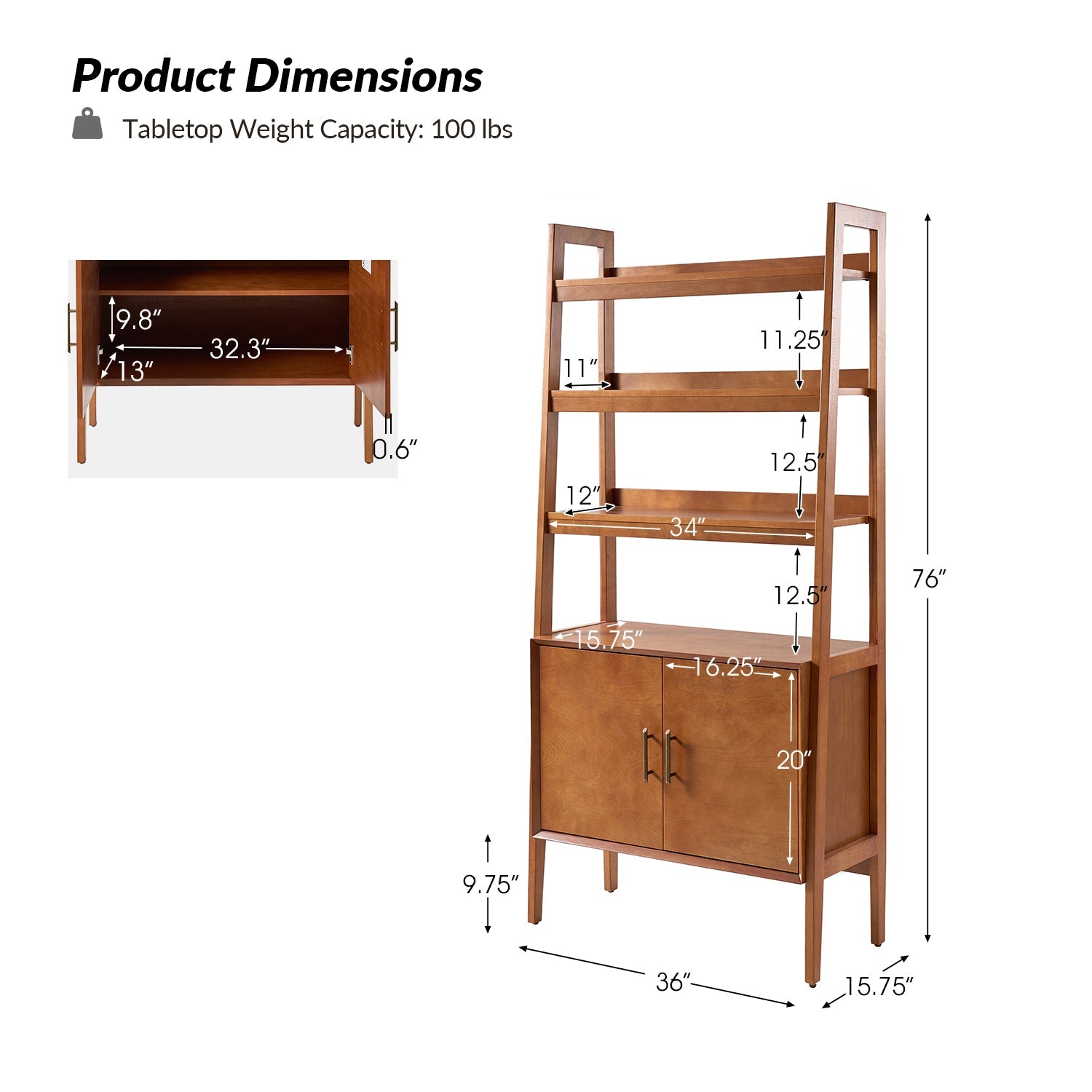 Étagère échelle avec 3 tablettes ouvertes, meuble à 2 portes et pieds en bois massif | Acorn / Noyer | Simple