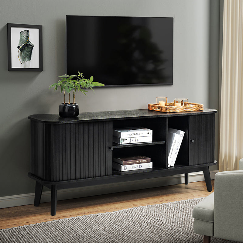 Meuble TV avec porte coulissante, étagère réglable, gestion des câbles et pieds en bois d'hévéa | Noyer / Noir | Simple