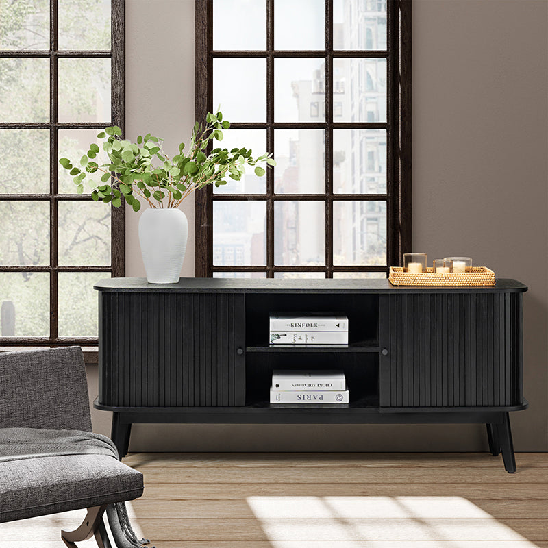 Meuble TV avec porte coulissante, étagère réglable, gestion des câbles et pieds en bois d'hévéa | Noyer / Noir | Simple