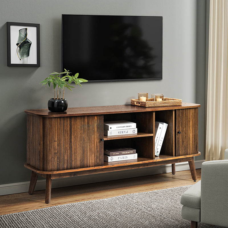 Meuble TV avec porte coulissante, étagère réglable, gestion des câbles et pieds en bois d'hévéa | Noyer / Noir | Simple