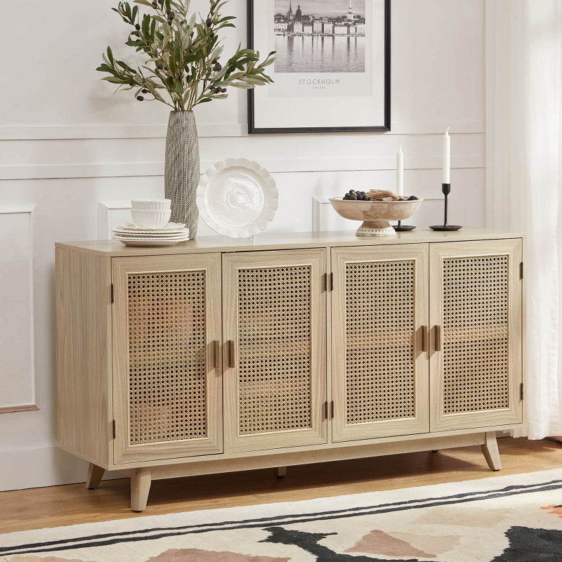 Meuble TV de 65 po avec 4 portes en rotin, 2 étagères intérieures et pieds en bois massif | Noyer / Noir / Chêne | Simple
