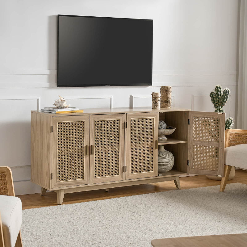 Meuble TV de 65 po avec 4 portes en rotin, 2 étagères intérieures et pieds en bois massif | Noyer / Noir / Chêne | Simple