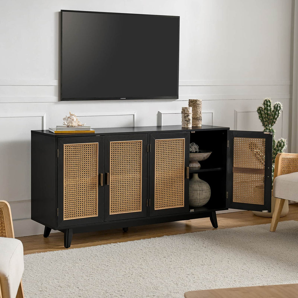 Meuble TV de 65 po avec 4 portes en rotin, 2 étagères intérieures et pieds en bois massif | Noyer / Noir / Chêne | Simple