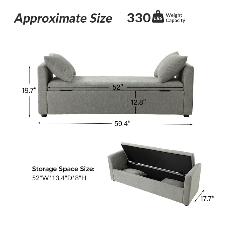 Banc de rangement capitonné avec 2 oreillers décoratifs, accoudoirs et pieds en plastique noir | Beige / Bleu marine / Sarcelle / Lin / Gris / Anthracite / Taupe / Marron | Simple