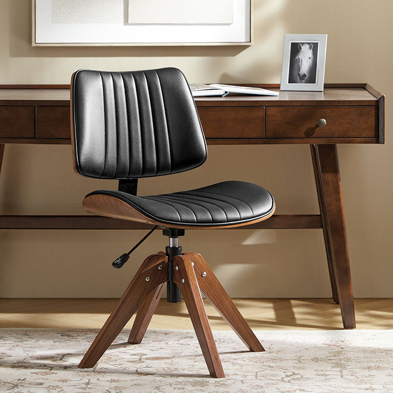Chaise de bureau capitonnée Mid-Century à dossier canalisé avec cadre en bois courbé et pivotant à 360° | Noir / Ivoire | Siège unique