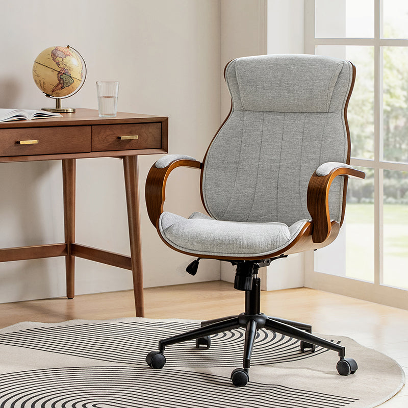 Chaise de bureau ergonomique avec appui-tête, accoudoirs en bois rembourrés, hauteur réglable, fonction pivotante et basculante | Mousse / Bleu marine / Gris | Siège simple