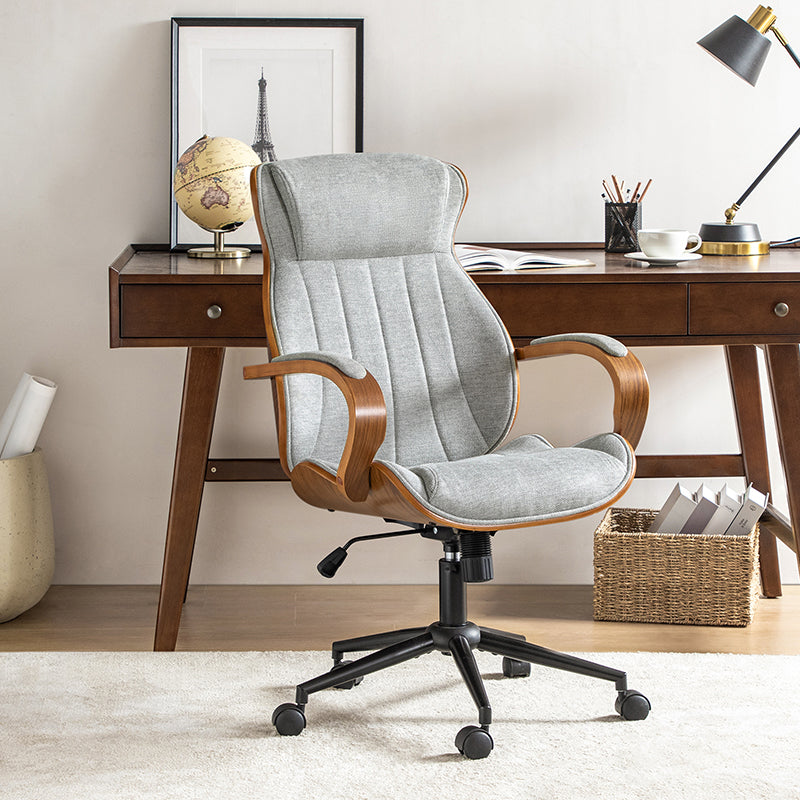 Chaise de bureau ergonomique avec appui-tête, accoudoirs en bois rembourrés, hauteur réglable, fonction pivotante et basculante | Mousse / Bleu marine / Gris | Siège simple