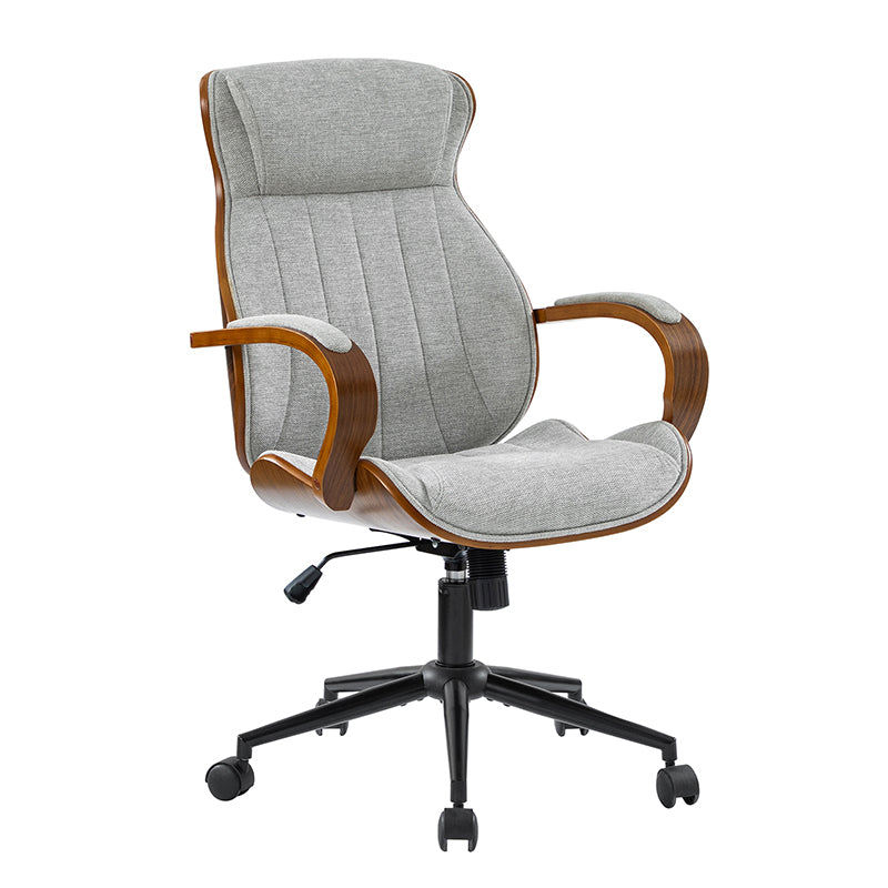Chaise de bureau ergonomique avec appui-tête, accoudoirs en bois rembourrés, hauteur réglable, fonction pivotante et basculante | Mousse / Bleu marine / Gris | Siège simple