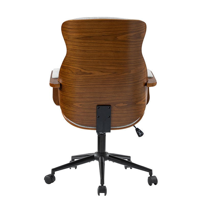 Chaise de bureau ergonomique avec appui-tête, accoudoirs en bois rembourrés, hauteur réglable, fonction pivotante et basculante | Mousse / Bleu marine / Gris | Siège simple