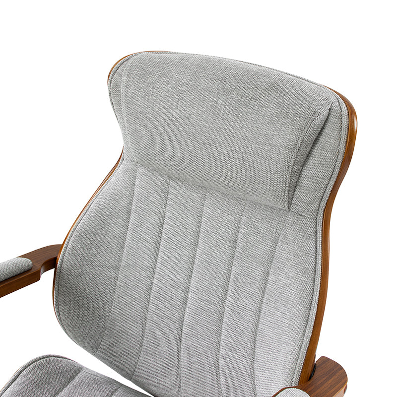 Chaise de bureau ergonomique avec appui-tête, accoudoirs en bois rembourrés, hauteur réglable, fonction pivotante et basculante | Mousse / Bleu marine / Gris | Siège simple