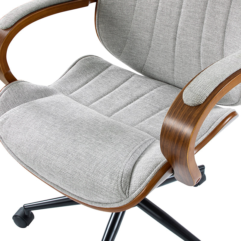Chaise de bureau ergonomique avec appui-tête, accoudoirs en bois rembourrés, hauteur réglable, fonction pivotante et basculante | Mousse / Bleu marine / Gris | Siège simple