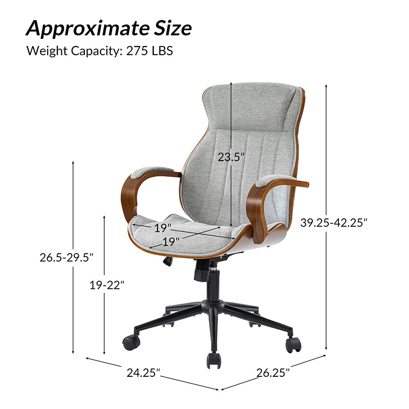 Chaise de bureau ergonomique avec appui-tête, accoudoirs en bois rembourrés, hauteur réglable, fonction pivotante et basculante | Mousse / Bleu marine / Gris | Siège simple