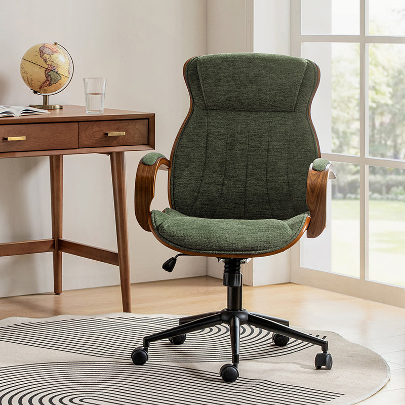 Chaise de bureau ergonomique avec appui-tête, accoudoirs en bois rembourrés, hauteur réglable, fonction pivotante et basculante | Mousse / Bleu marine / Gris | Siège simple