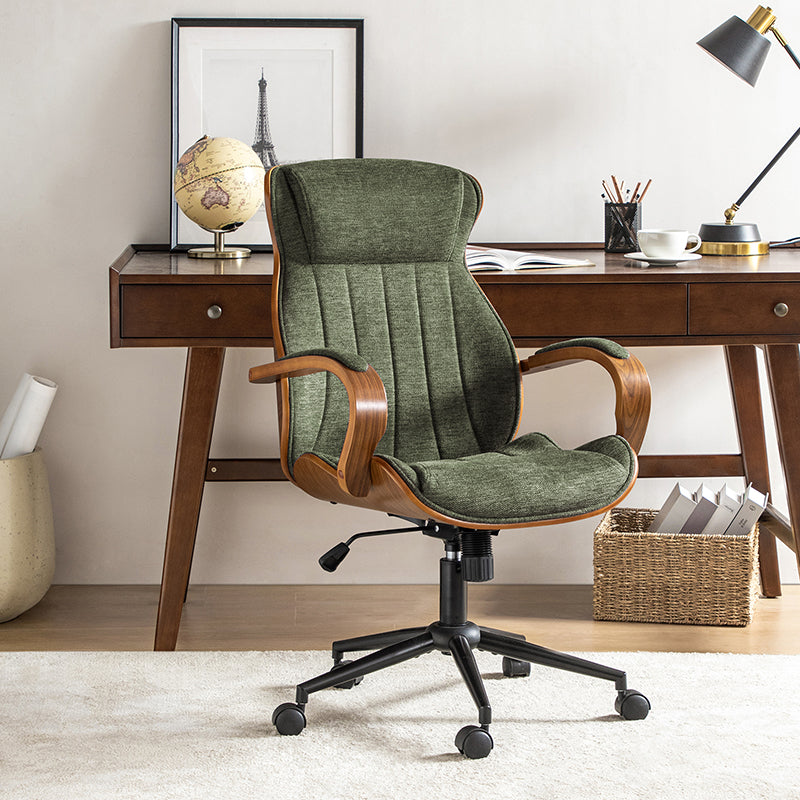 Chaise de bureau ergonomique avec appui-tête, accoudoirs en bois rembourrés, hauteur réglable, fonction pivotante et basculante | Mousse / Bleu marine / Gris | Siège simple