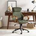Chaise de bureau ergonomique avec appui-tête, accoudoirs en bois rembourrés, hauteur réglable, fonction pivotante et basculante | Mousse / Bleu marine / Gris | Siège simple
