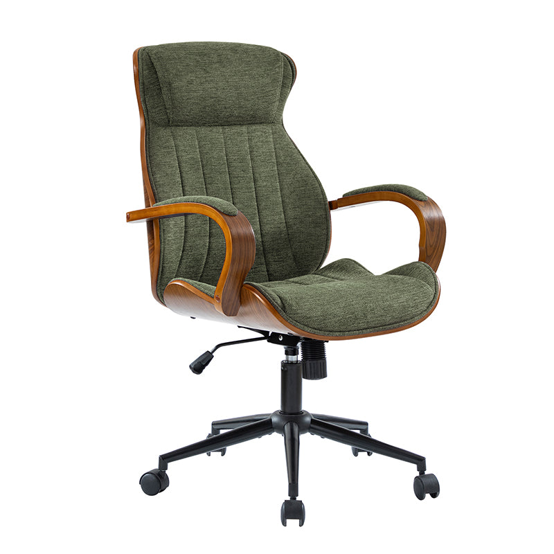 Chaise de bureau ergonomique avec appui-tête, accoudoirs en bois rembourrés, hauteur réglable, fonction pivotante et basculante | Mousse / Bleu marine / Gris | Siège simple