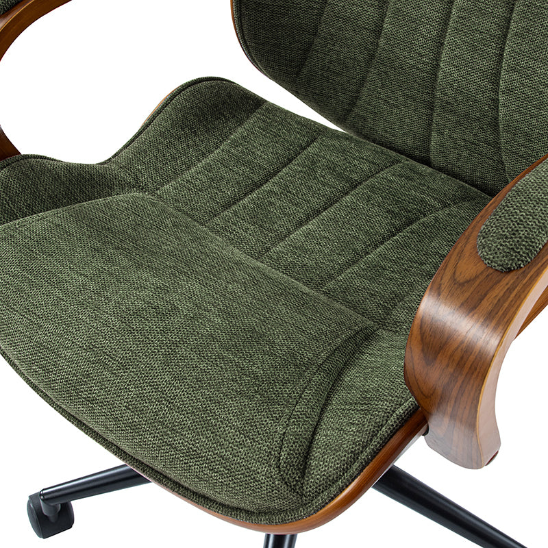 Chaise de bureau ergonomique avec appui-tête, accoudoirs en bois rembourrés, hauteur réglable, fonction pivotante et basculante | Mousse / Bleu marine / Gris | Siège simple