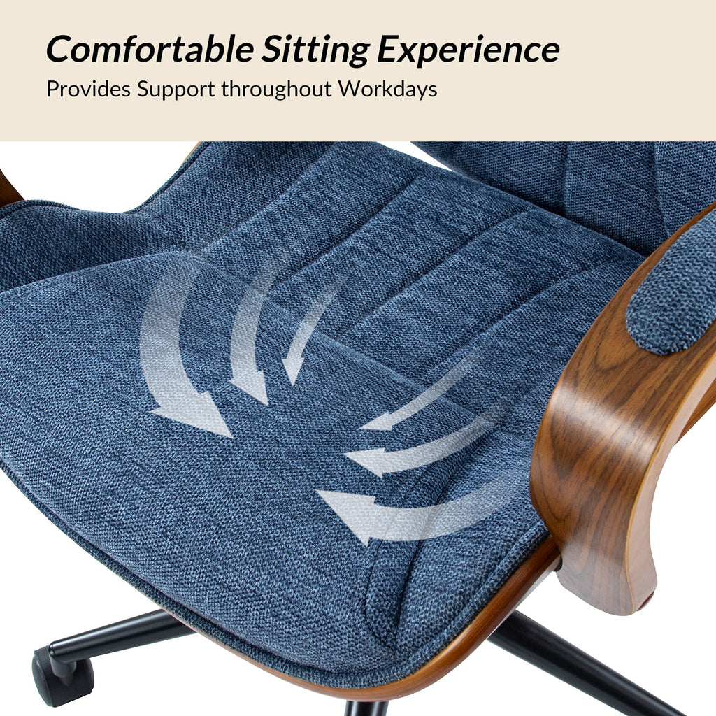 Chaise de bureau ergonomique avec appui-tête, accoudoirs en bois rembourrés, hauteur réglable, fonction pivotante et basculante | Mousse / Bleu marine / Gris | Siège simple