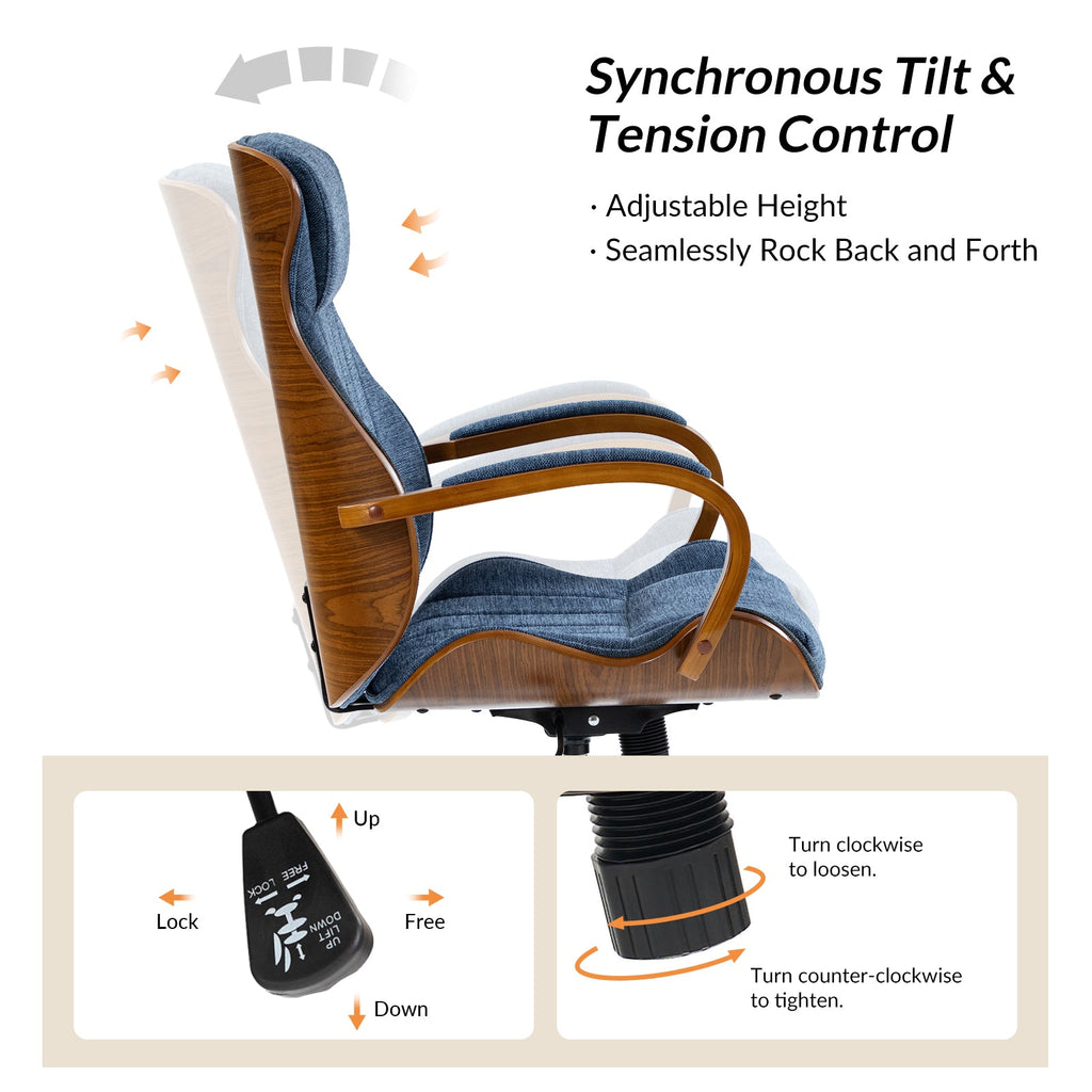 Chaise de bureau ergonomique avec appui-tête, accoudoirs en bois rembourrés, hauteur réglable, fonction pivotante et basculante | Mousse / Bleu marine / Gris | Siège simple