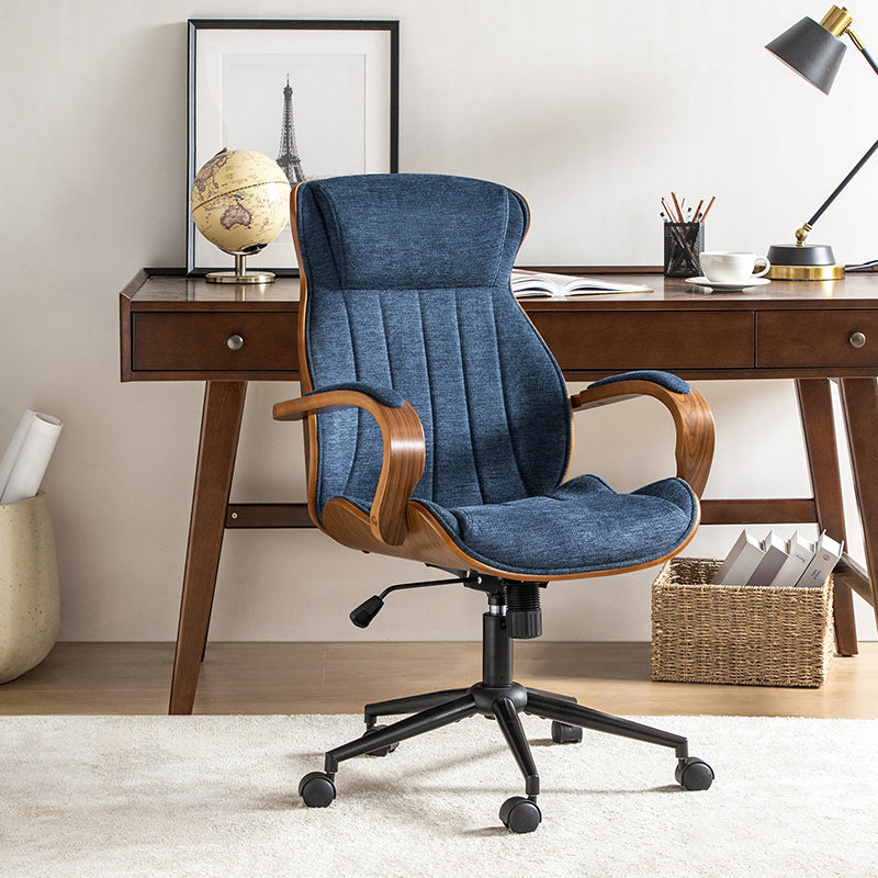 Chaise de bureau ergonomique avec appui-tête, accoudoirs en bois rembourrés, hauteur réglable, fonction pivotante et basculante | Mousse / Bleu marine / Gris | Siège simple
