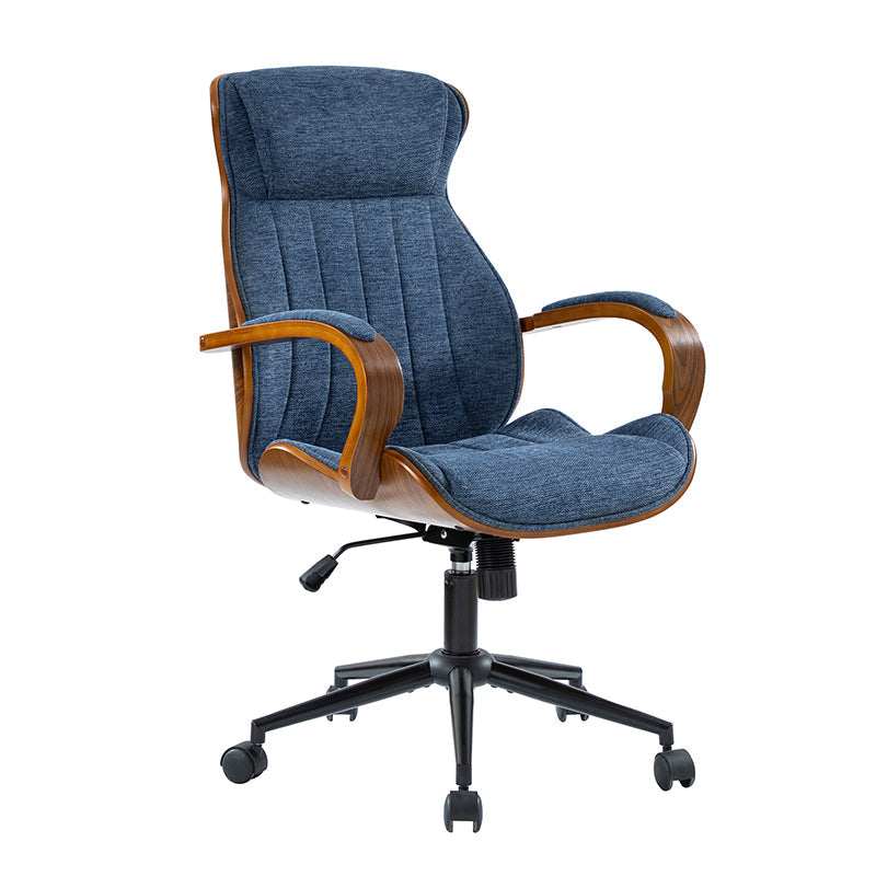 Chaise de bureau ergonomique avec appui-tête, accoudoirs en bois rembourrés, hauteur réglable, fonction pivotante et basculante | Mousse / Bleu marine / Gris | Siège simple