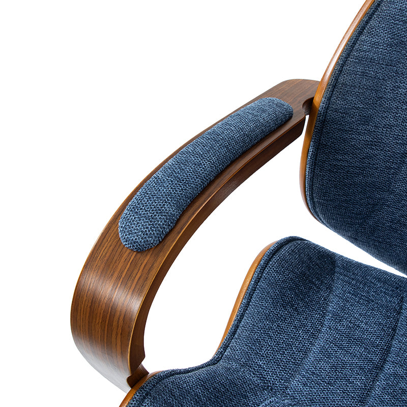 Chaise de bureau ergonomique avec appui-tête, accoudoirs en bois rembourrés, hauteur réglable, fonction pivotante et basculante | Mousse / Bleu marine / Gris | Siège simple