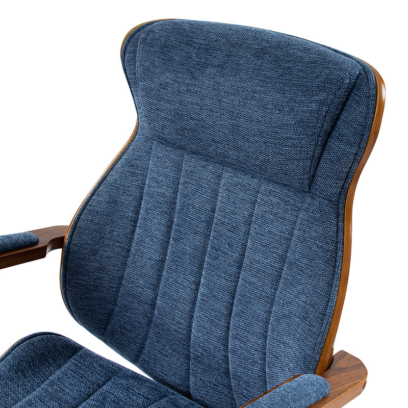 Chaise de bureau ergonomique avec appui-tête, accoudoirs en bois rembourrés, hauteur réglable, fonction pivotante et basculante | Mousse / Bleu marine / Gris | Siège simple