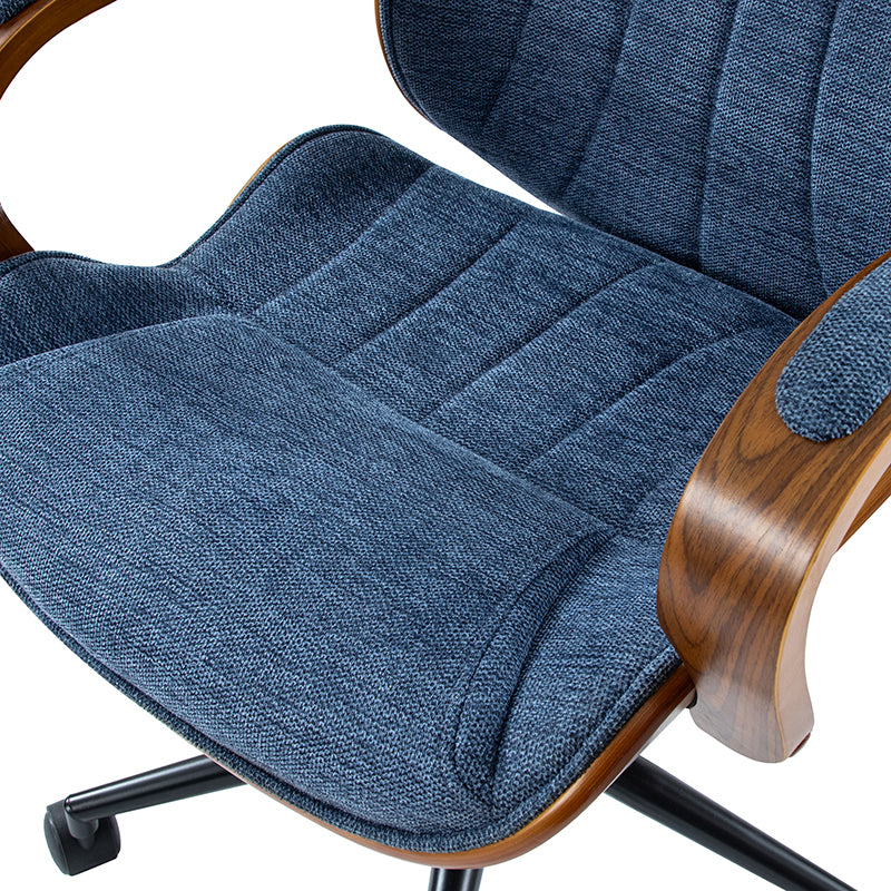 Chaise de bureau ergonomique avec appui-tête, accoudoirs en bois rembourrés, hauteur réglable, fonction pivotante et basculante | Mousse / Bleu marine / Gris | Siège simple
