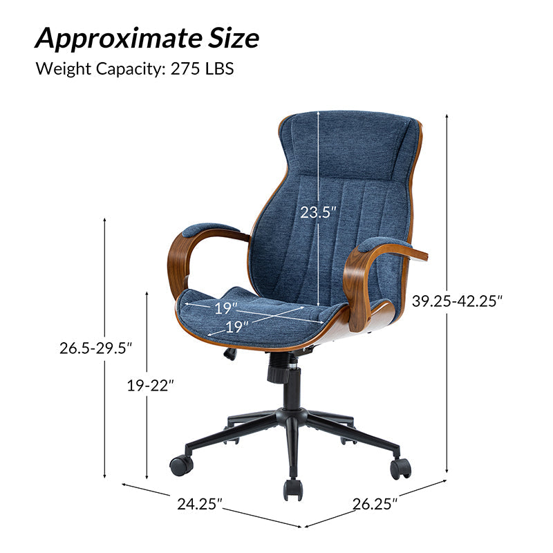 Chaise de bureau ergonomique avec appui-tête, accoudoirs en bois rembourrés, hauteur réglable, fonction pivotante et basculante | Mousse / Bleu marine / Gris | Siège simple
