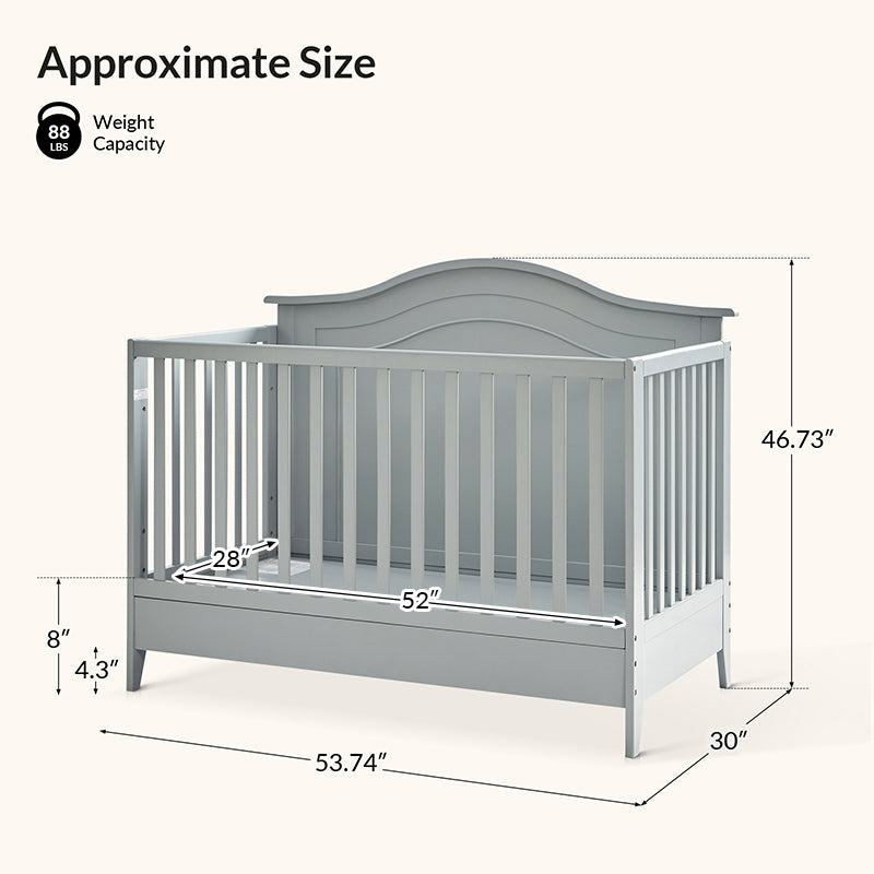 Lit de bébé convertible 5-en-1 avec berceau à bascule, lit de tout-petit, lit de repos et conversion en bureau | Blanc / Gris | Simple
