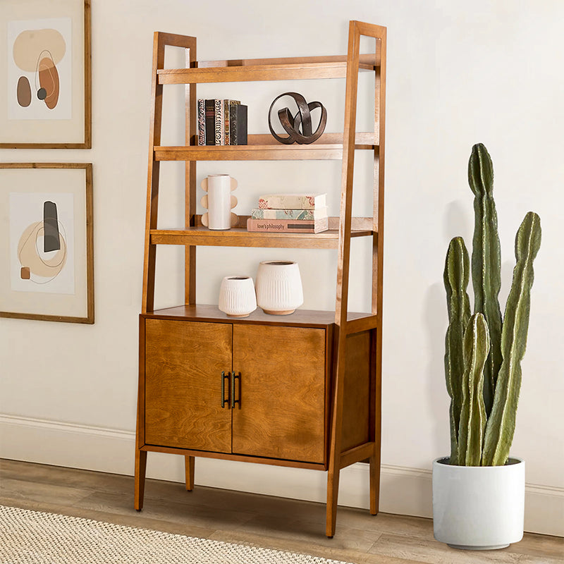 Étagère échelle avec 3 tablettes ouvertes, meuble à 2 portes et pieds en bois massif | Acorn / Noyer | Simple