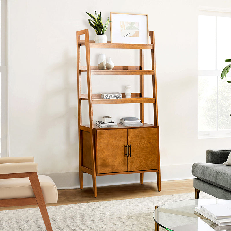 Étagère échelle avec 3 tablettes ouvertes, meuble à 2 portes et pieds en bois massif | Acorn / Noyer | Simple