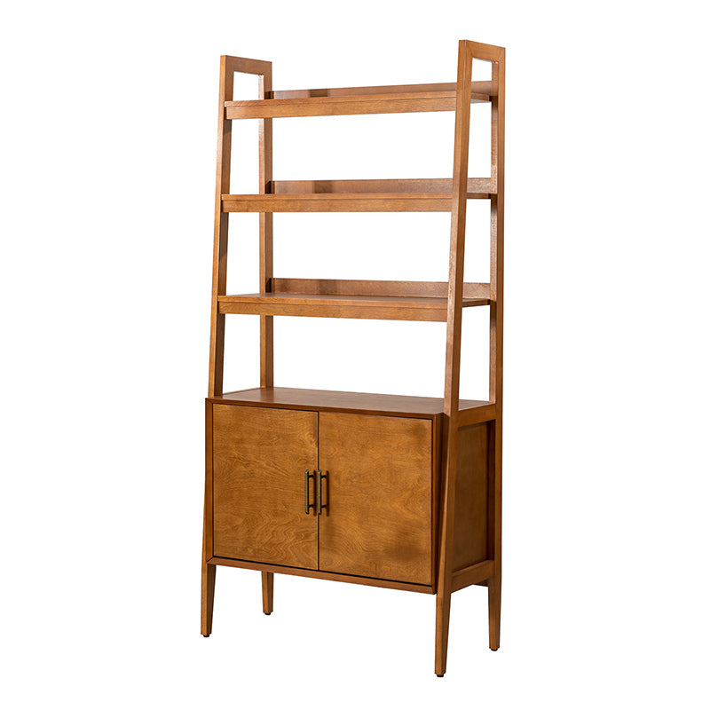 Étagère échelle avec 3 tablettes ouvertes, meuble à 2 portes et pieds en bois massif | Acorn / Noyer | Simple