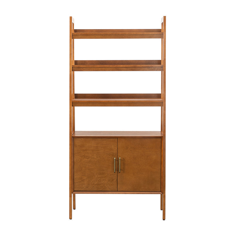 Étagère échelle avec 3 tablettes ouvertes, meuble à 2 portes et pieds en bois massif | Acorn / Noyer | Simple
