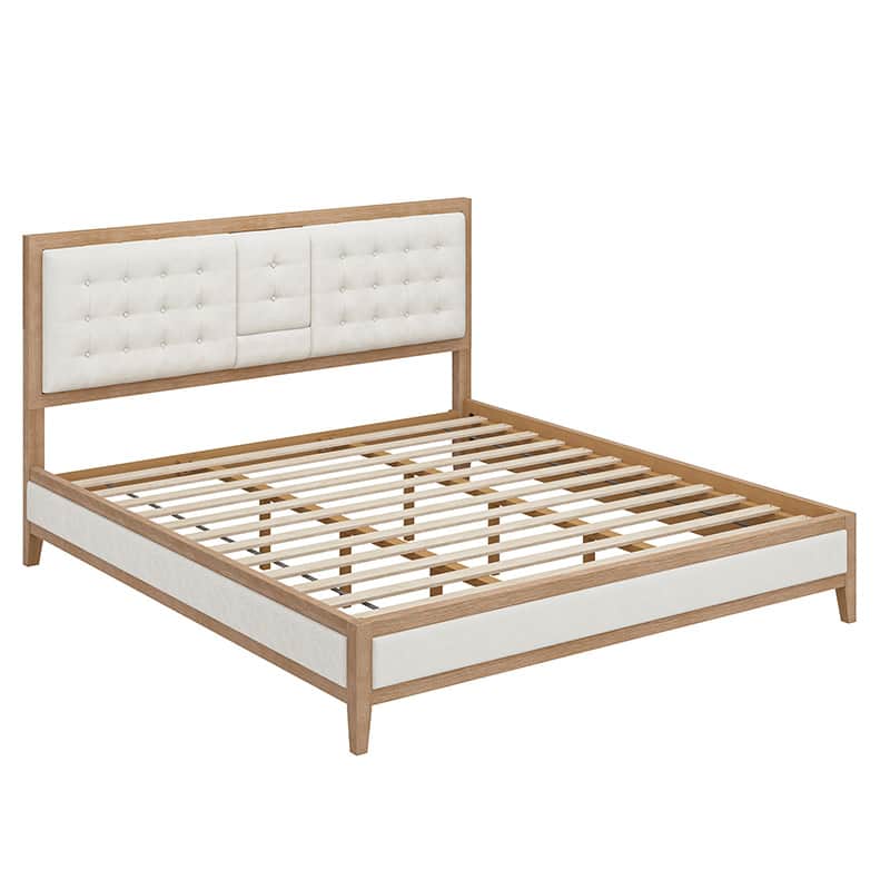 Lit plateforme rembourré avec tête de lit rabattable | Ivoire | Grand lit / Très grand lit | 2 places