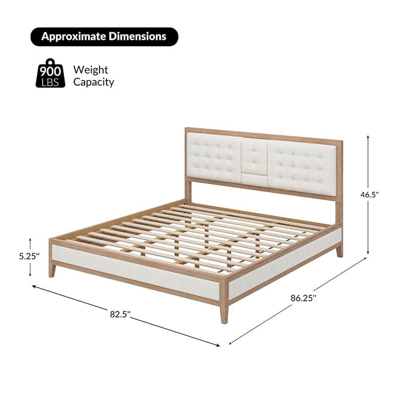 Lit plateforme rembourré avec tête de lit rabattable | Ivoire | Grand lit / Très grand lit | 2 places
